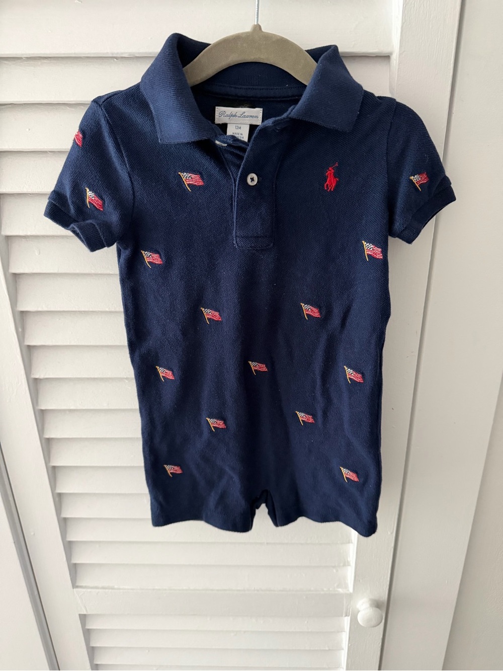 Ralph Lauren Navy Polo Romper with Red Pony & Flag Embroidery